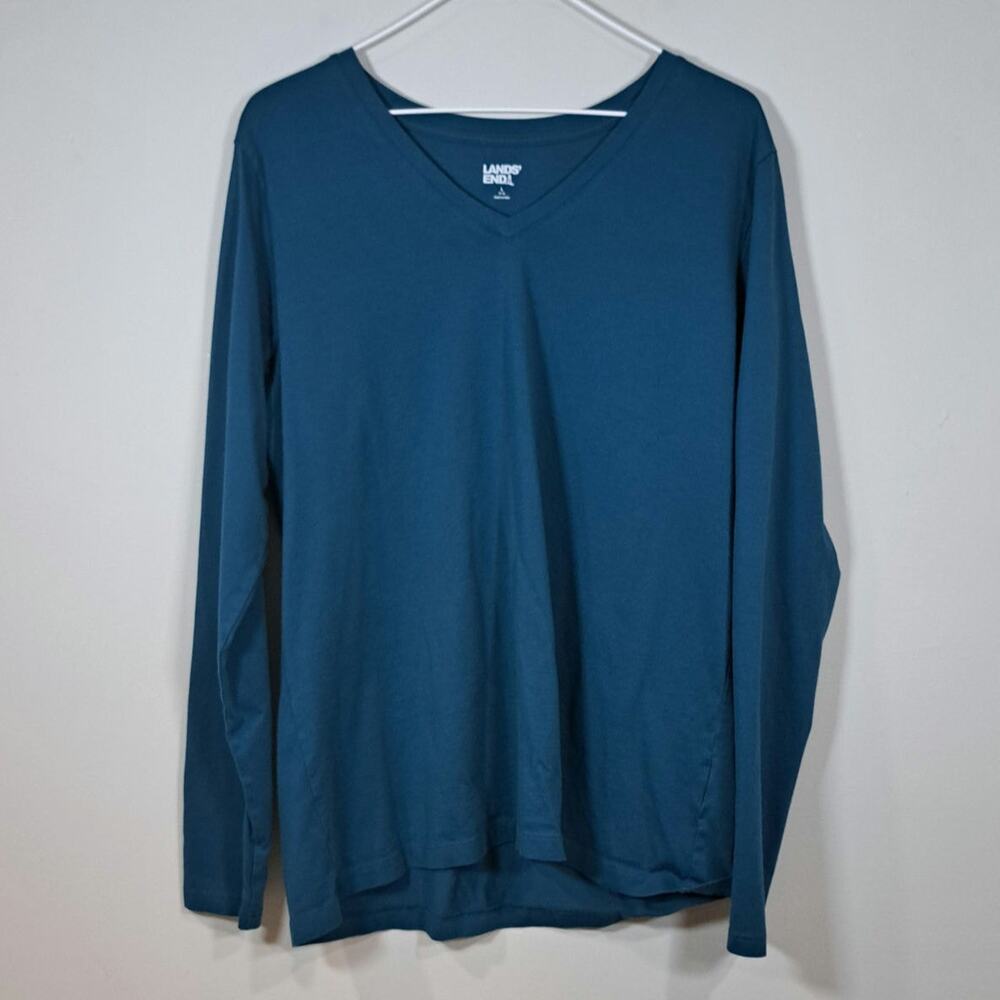 Lands' End Long Sleeve Teal 100% Cotton V Neck Shirt Women's Large